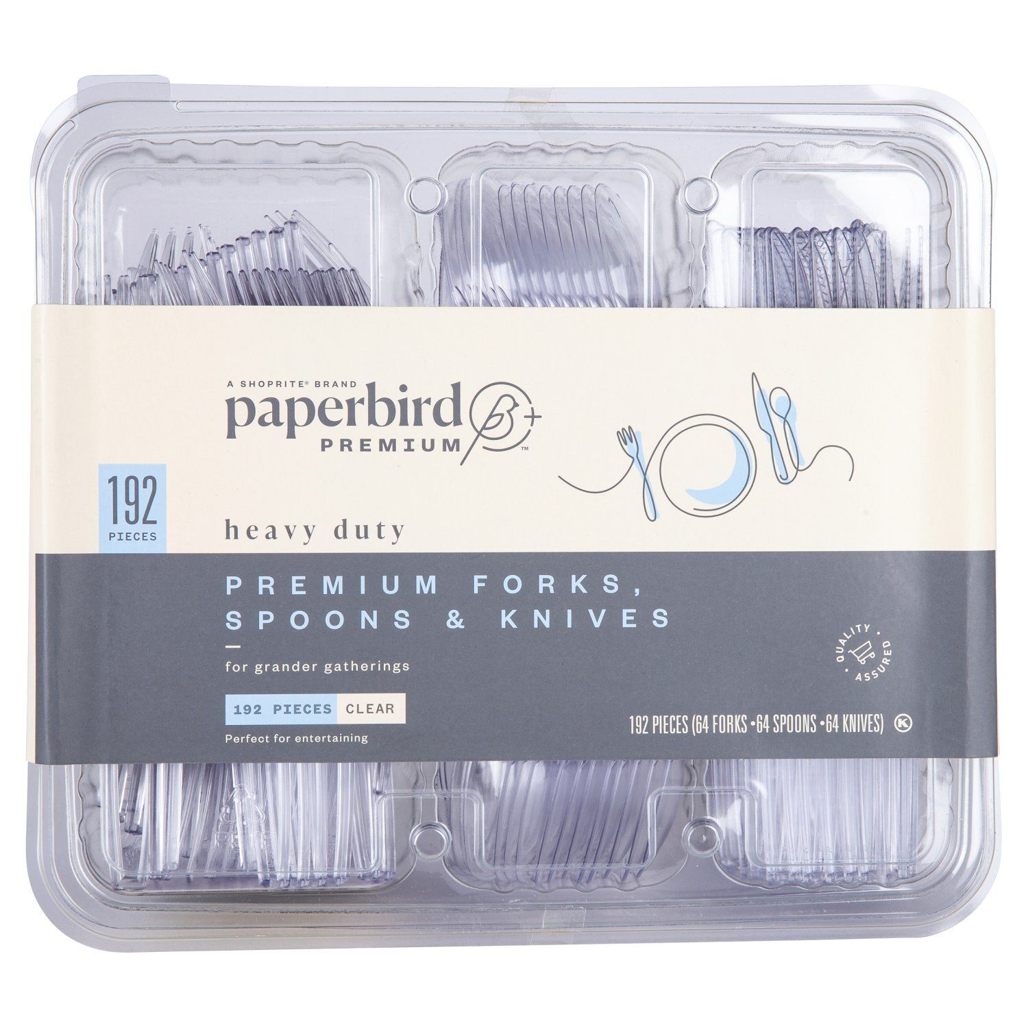 Paperbird Premium Heavy Duty Clear Forks, Spoons &amp; Knives, 192 count