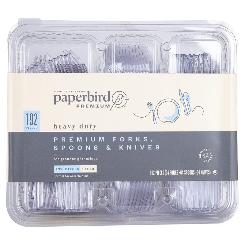 Paperbird Premium Heavy Duty Clear Forks, Spoons &amp; Knives, 192 count