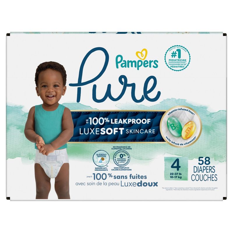 Pampers Pure Protection Diapers Super Pack, Size 4, 22-37 lb, 58 count