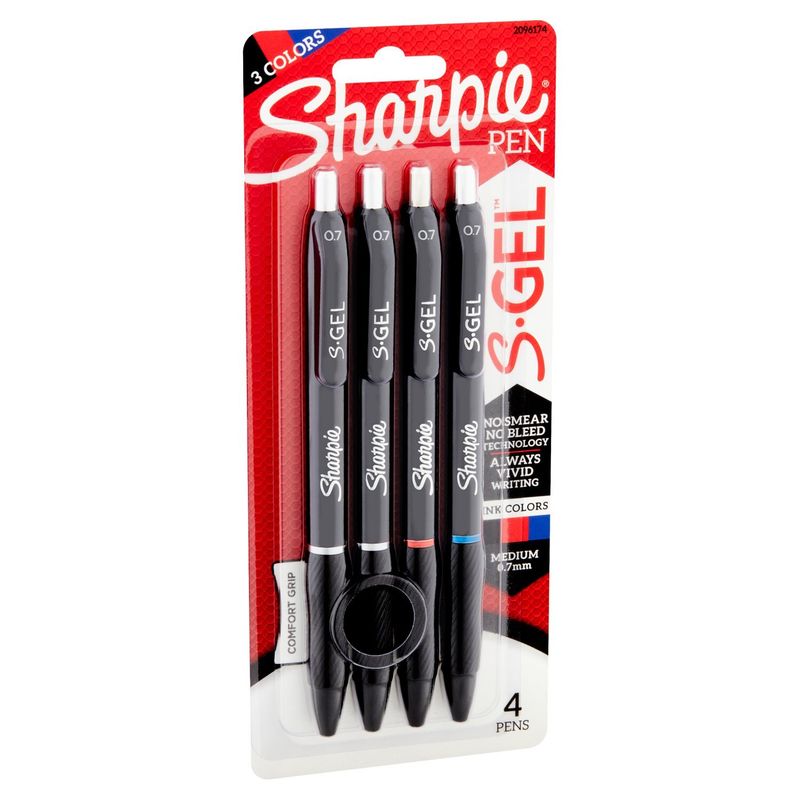 Sharpie S.Gel Medium 0.7mm 3 Ink Colors Pen, 4 count