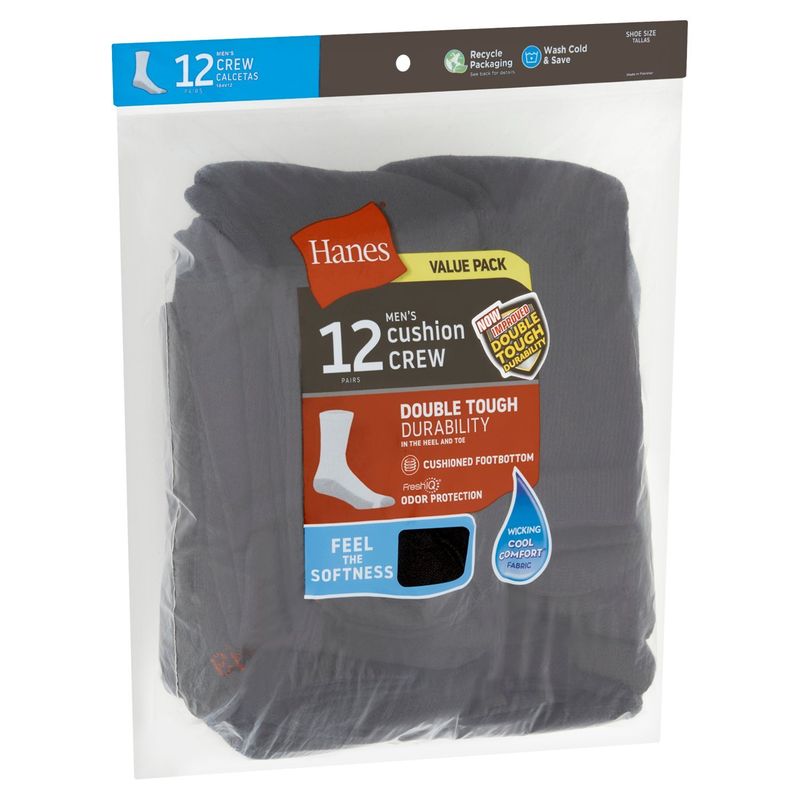 Hanes Men's Cushion Crew Socks Value Pack, Size 6-12, 12 pairs