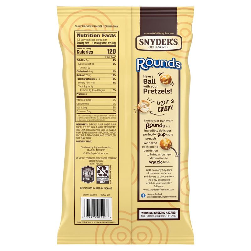 Snyder's of Hanover Rounds Sea Salt Mini Pretzel Balls, 12 oz