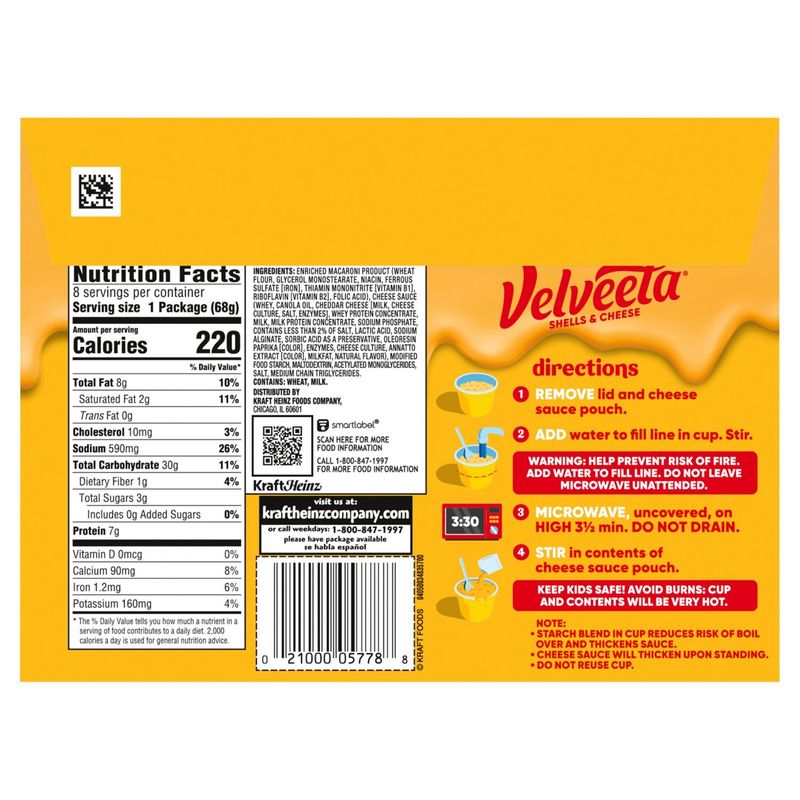 Velveeta Original Microwaveable Shell Pasta &amp; Cheese Sauce, 2.39 oz, 8 count