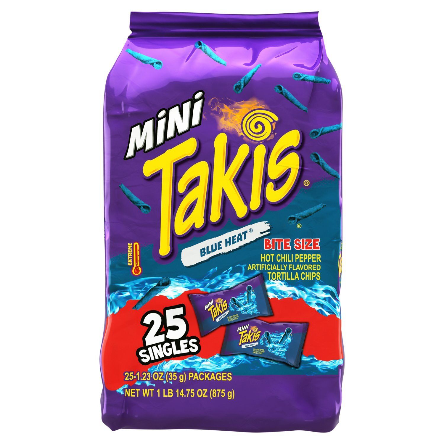 Takis Mini Blue Heat Hot Chili Pepper Tortilla Chips Bite Size, 1.23 oz, 25 count