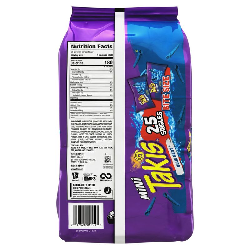 Takis Mini Blue Heat Hot Chili Pepper Tortilla Chips Bite Size, 1.23 oz, 25 count