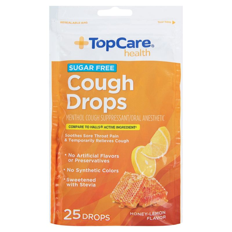 TopCare Health Sugar Free Honey-Lemon Flavor Cough Drops, 25 count