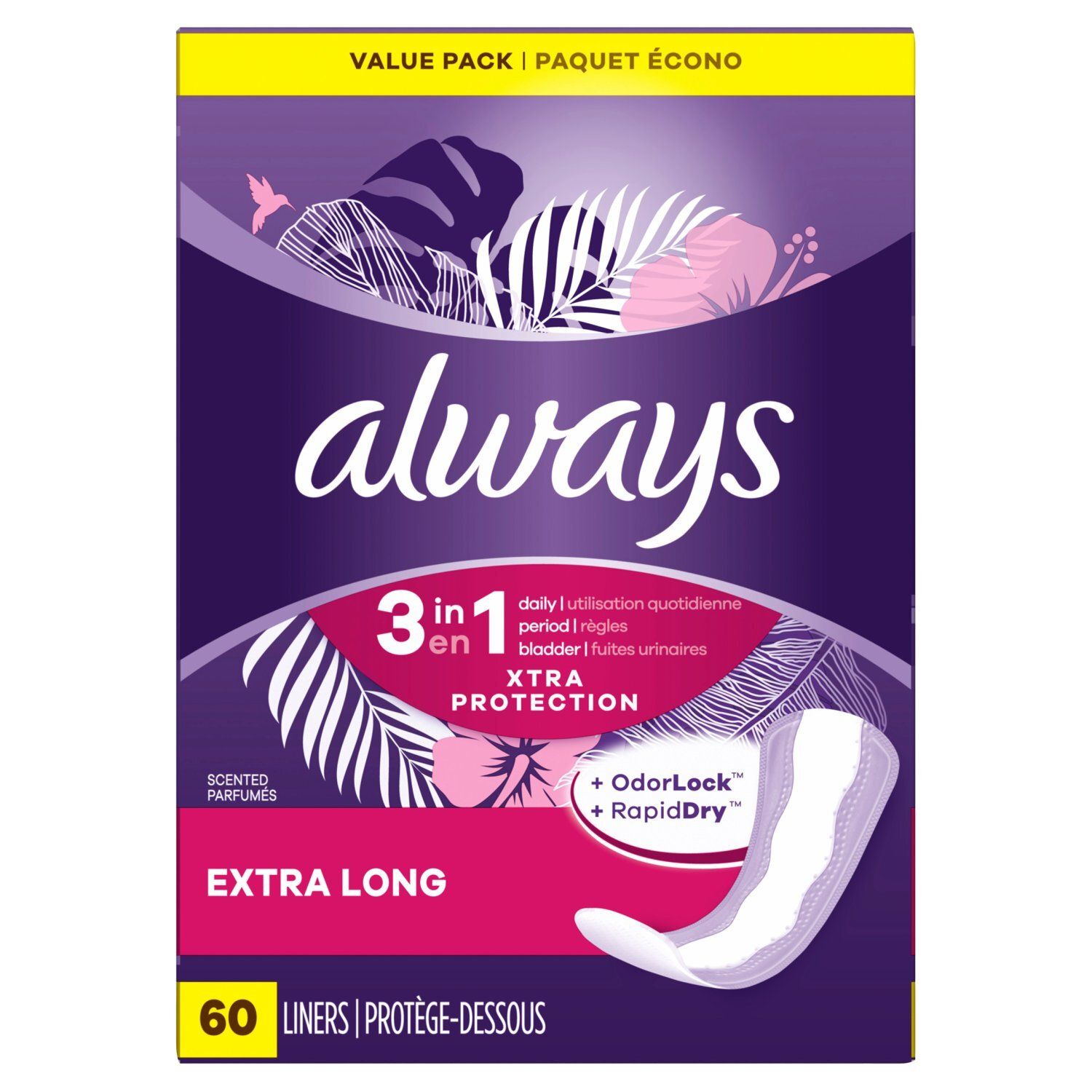 Always 3-in-1 Xtra Protection Scented Extra Long Liners Value Pack, 60 count
