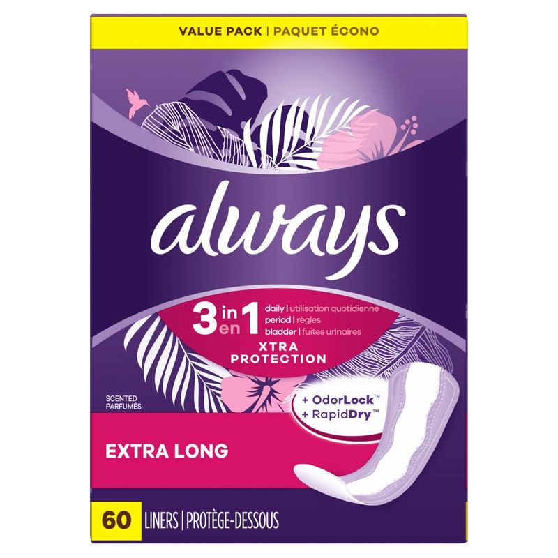 Always 3-in-1 Xtra Protection Scented Extra Long Liners Value Pack, 60 count