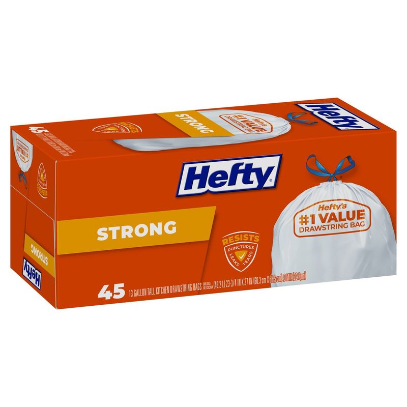 Hefty Strong 13 Gallon Tall Kitchen Drawstring Bags, 45 count