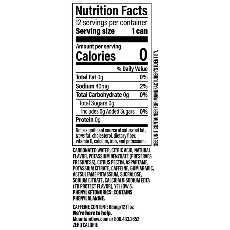 Mountain Dew Zero Sugar Soda Citrus 12 Fl Oz, 12 Count