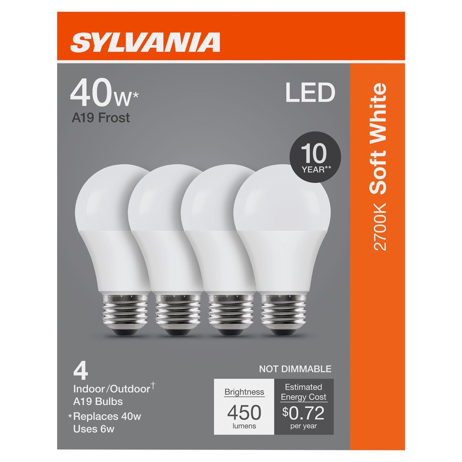Sylvania Soft White LED 40W A19 Frost Bulbs, 4 count