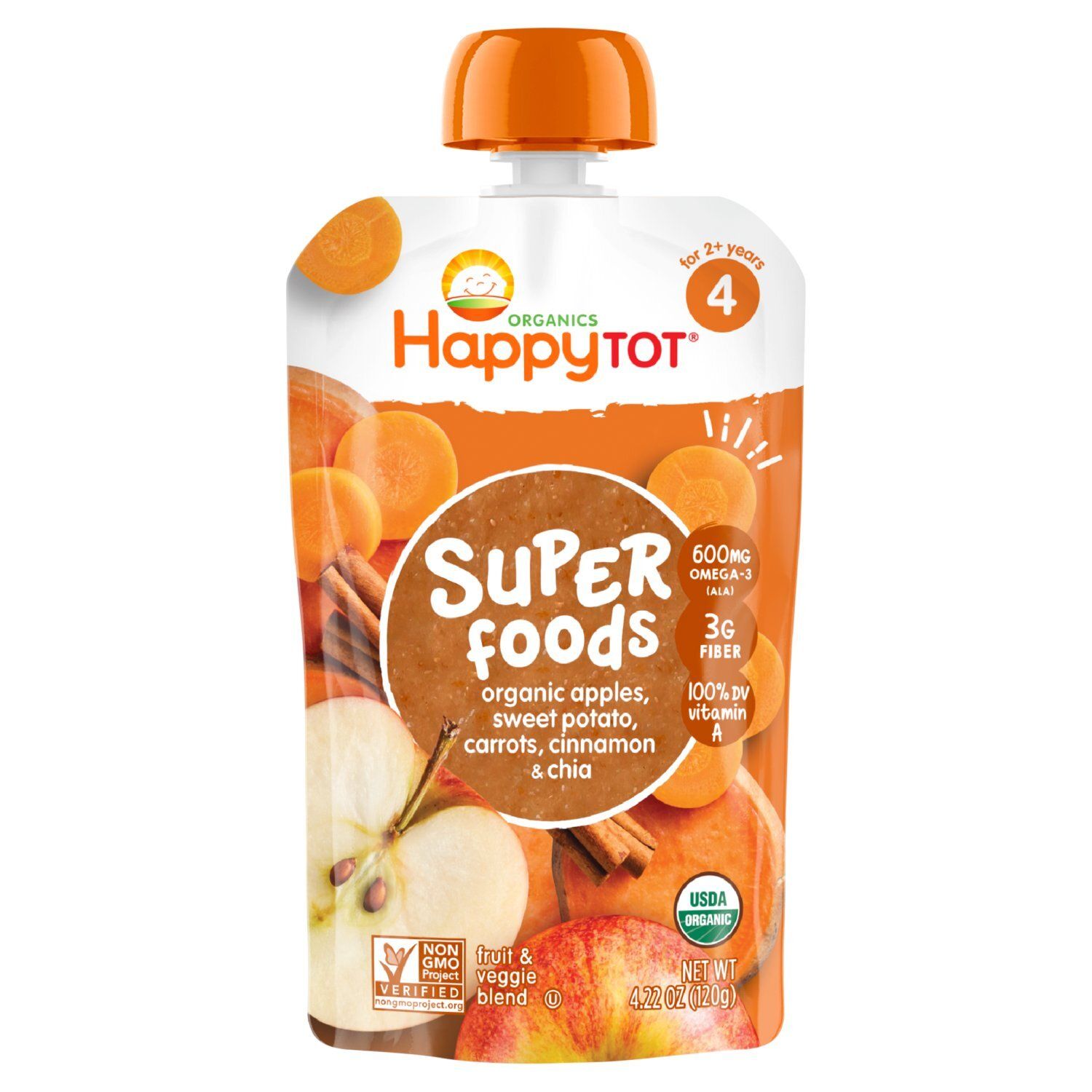 Happy Tot Organics Superfoods Stage 4 Organic Apples, Sweet Potatoes, Carrots &amp; Cinnamon + Super Chia Pouch 4.22 oz.