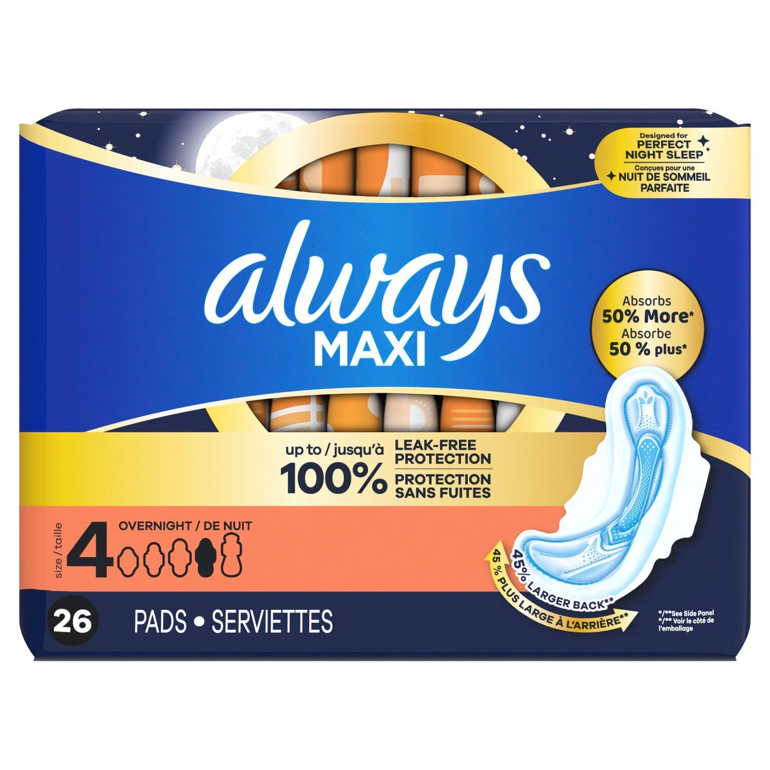 always Maxi Overnight Flexi-Wings Pads, Size 4, 26 count