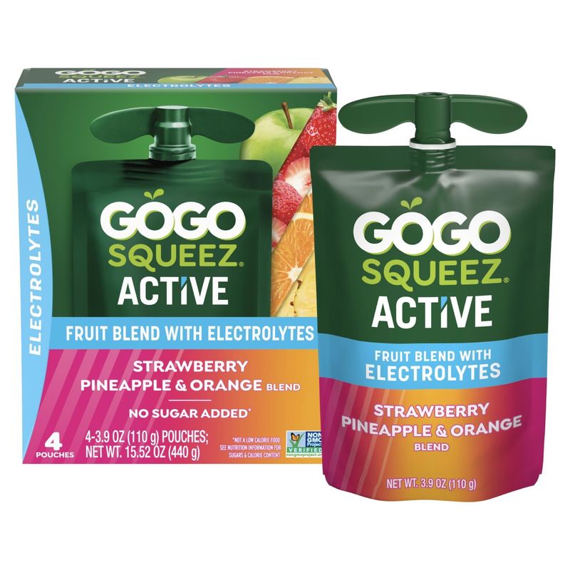 GoGo Squeez Active Strawberry Pineapple &amp; Orange Fruit Blend with Electrolytes, 3.9 oz, 4 count