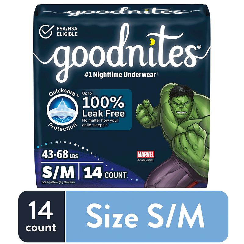 Goodnites Boys Nighttime Underwear, Sizes 6-8, S/M, 43-68 lbs, 14 count
