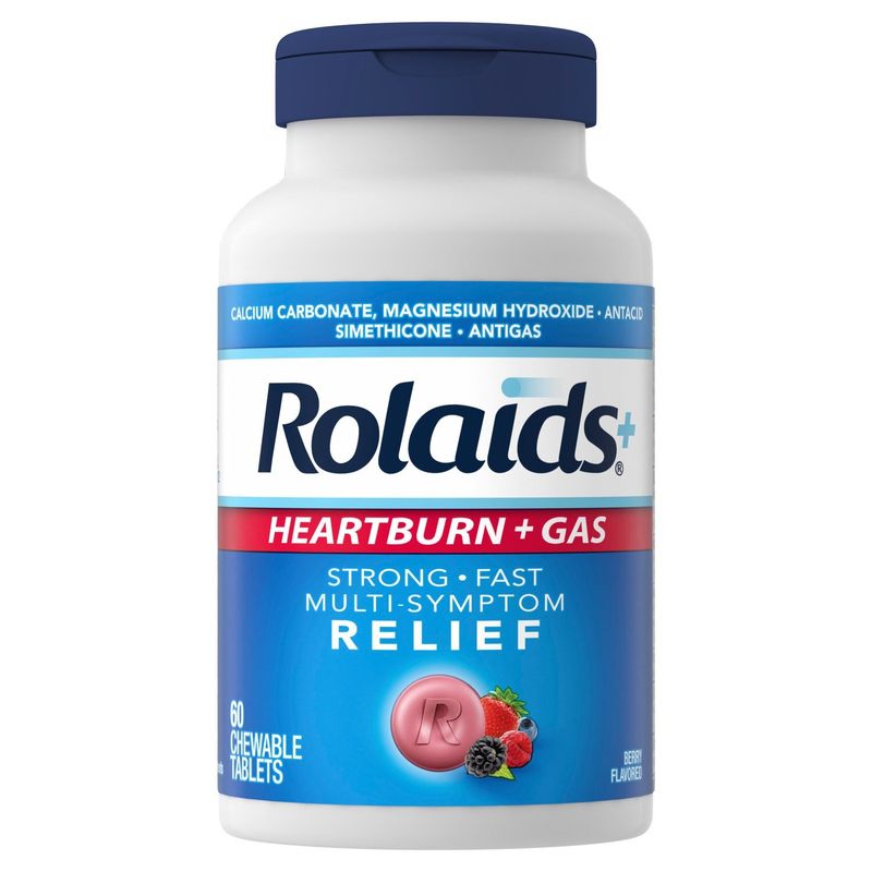 Rolaids Heartburn + Gas Antacid, 60 Chewable Tablets, Assorted Berry, Heartburn and Gas Relief