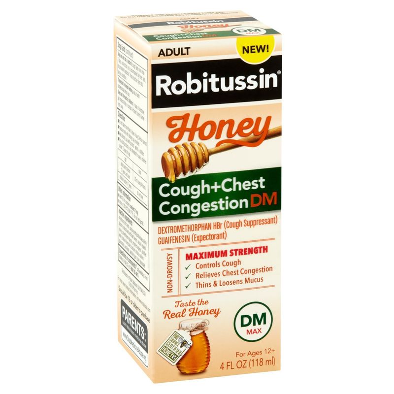 Robitussin DM Maximum Strength Adult Honey Cough+Chest Congestion Liquid, For Ages 12+, 4 fl oz