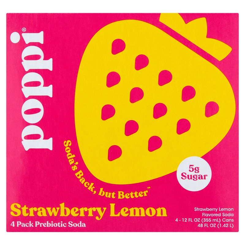 Poppi Strawberry Lemon Prebiotic Soda, 12 fl oz, 4 count