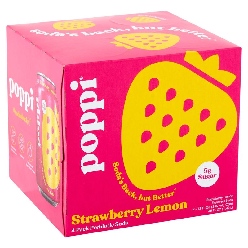 Poppi Strawberry Lemon Prebiotic Soda, 12 fl oz, 4 count