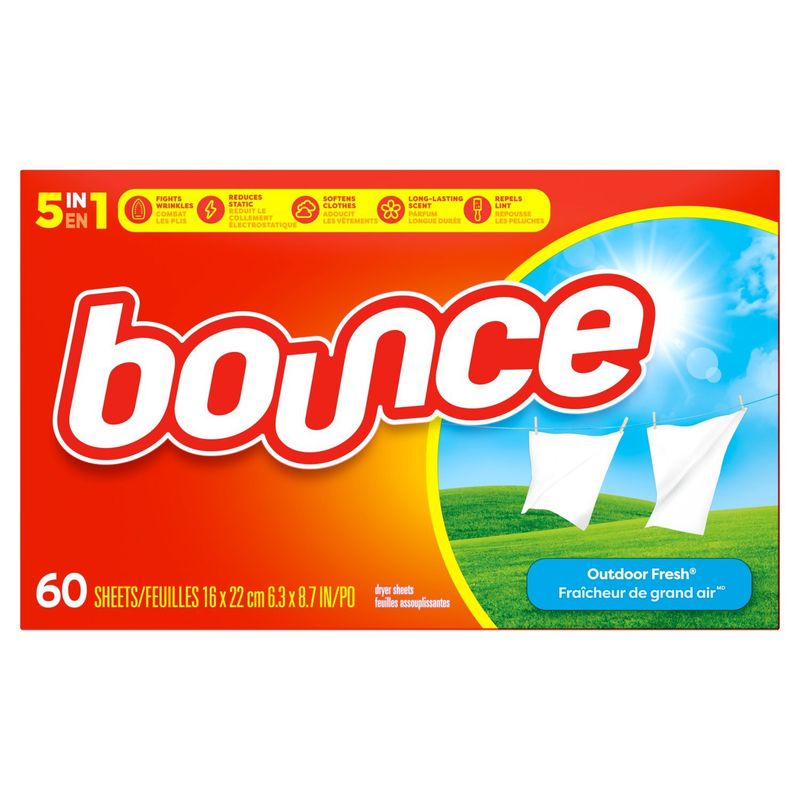 Bounce Dryer Sheets, 60 count, Outdoor Fresh Scent, Fabric Softener Sheets, Reduces Static, Softens