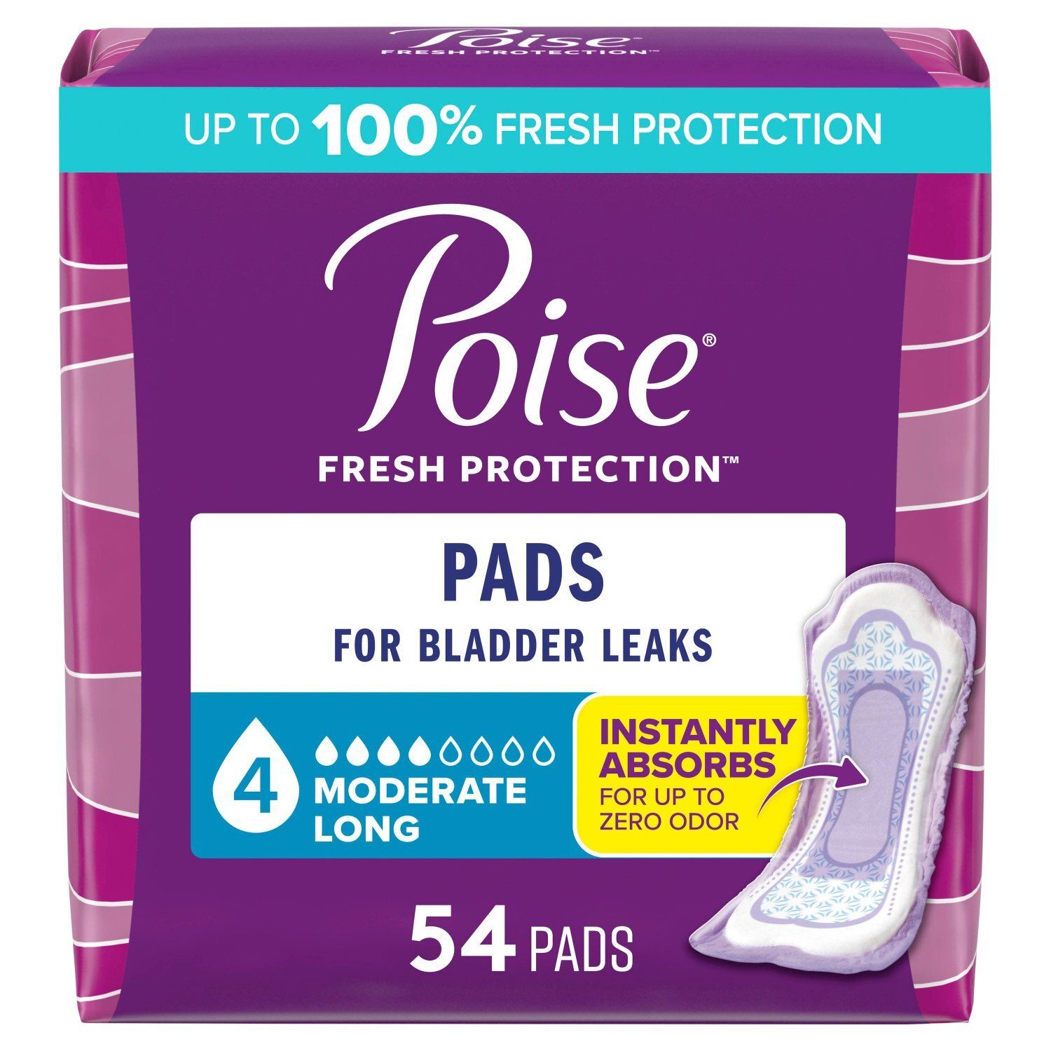 Poise Fresh Protection Moderate Long Pads, 54 count