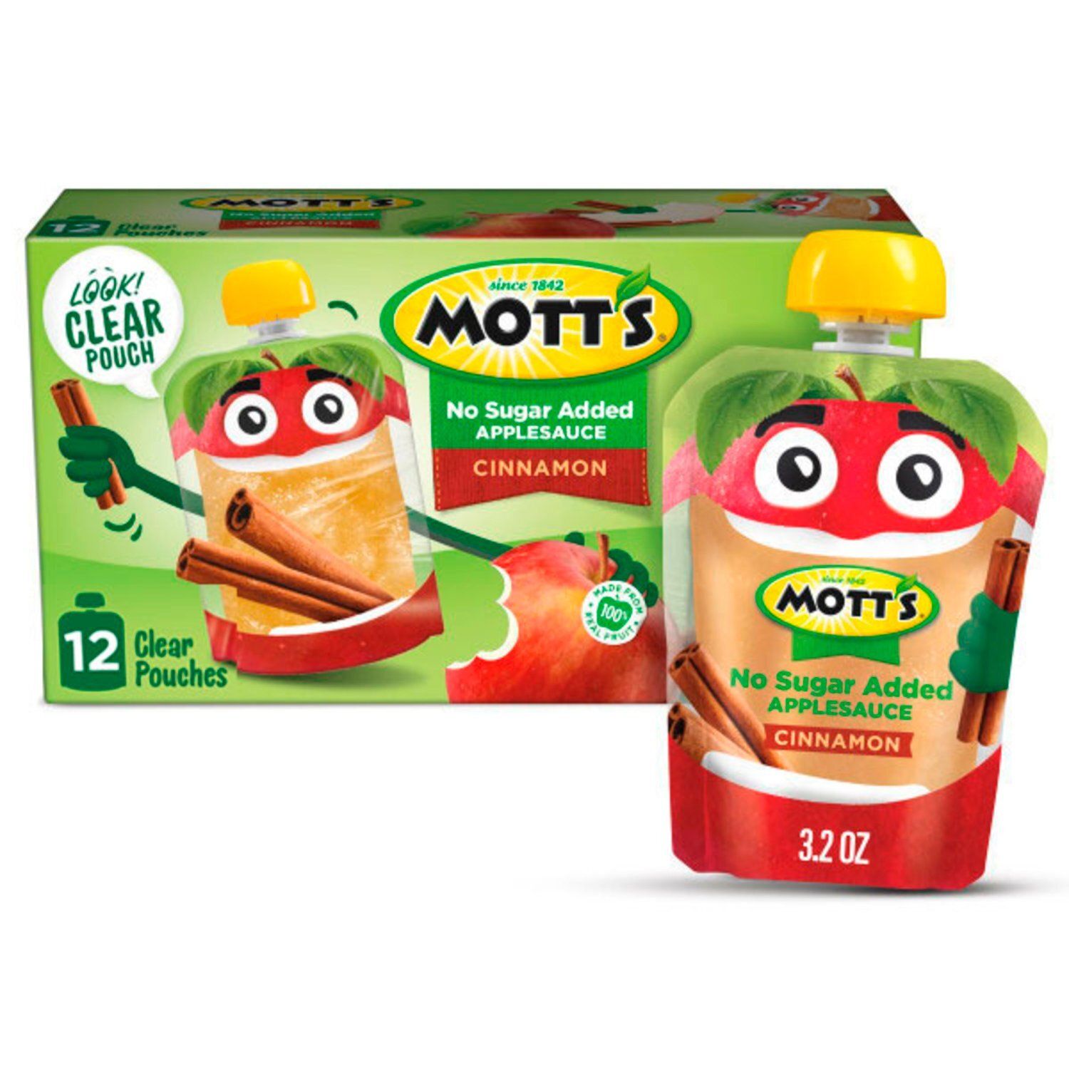 Mott's No Sugar Added Cinnamon Applesauce, 3.2 oz clear pouches, 12 pack