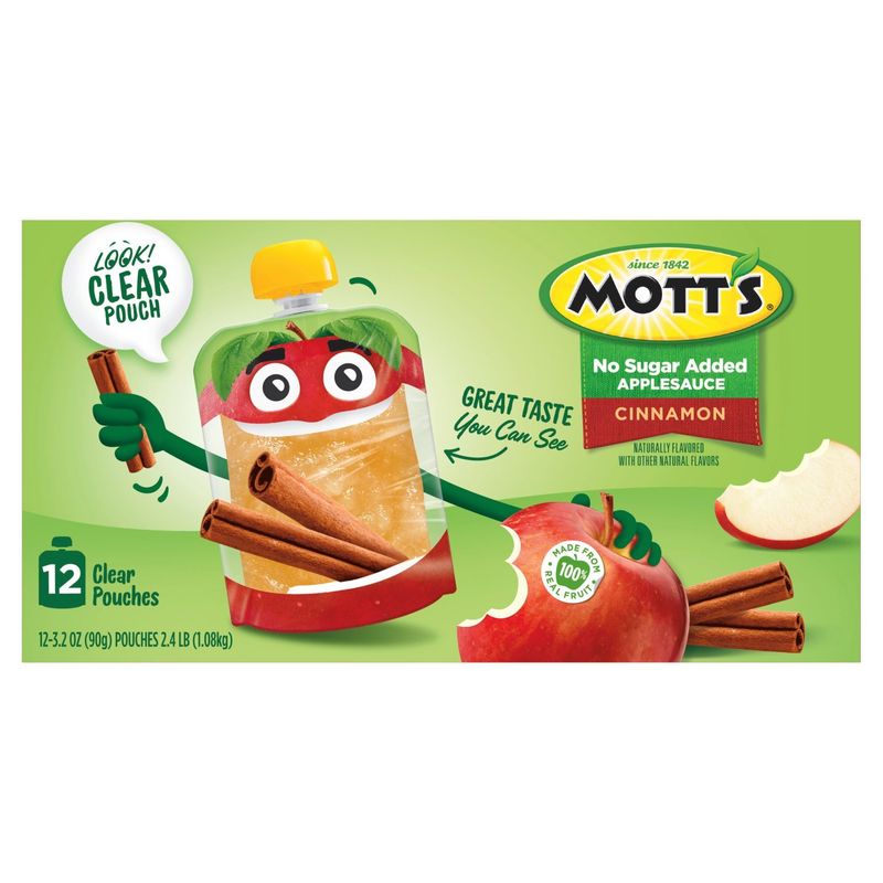 Mott's No Sugar Added Cinnamon Applesauce, 3.2 oz clear pouches, 12 pack
