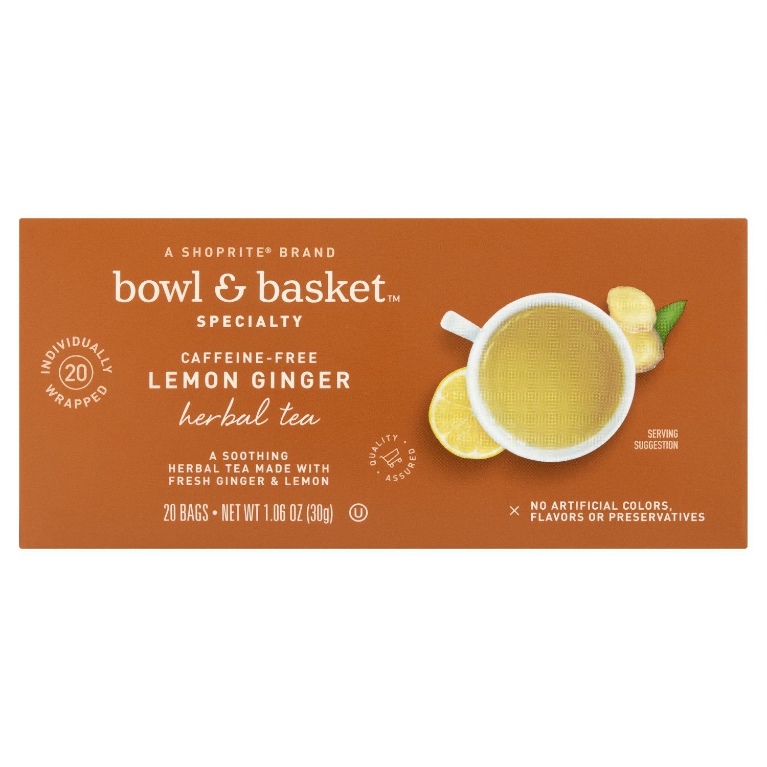 Bowl &amp; Basket Specialty Caffeine-Free Lemon Ginger Herbal Tea Bags, 20 count, 1.06 oz