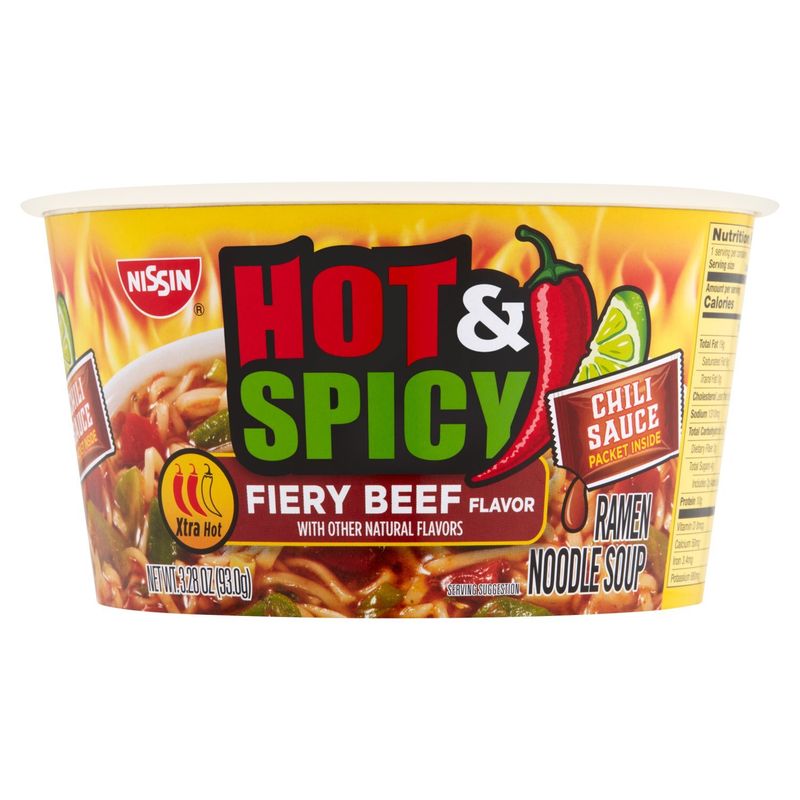 Nissin Fiery Beef Flavor Hot &amp; Spicy Ramen Noodle Soup, 3.28 oz