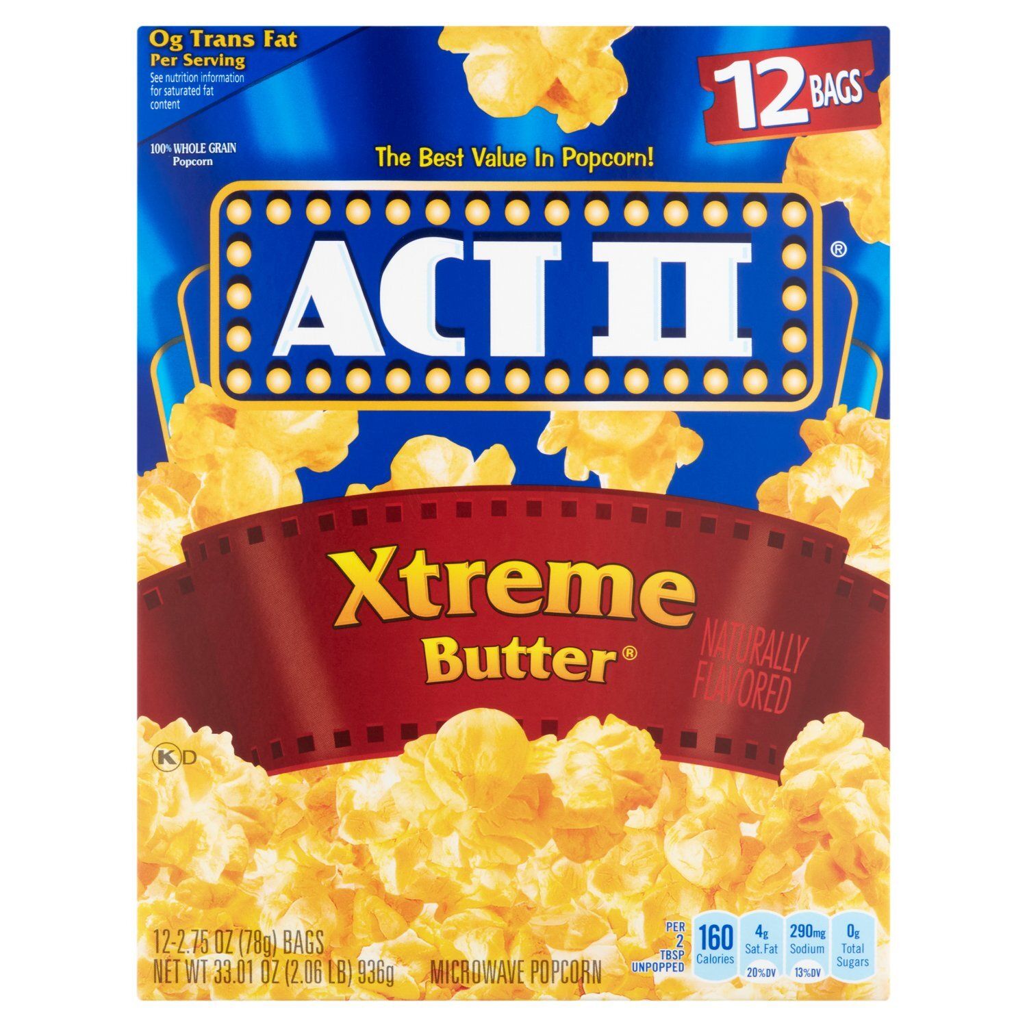Act II Xtreme Butter Microwave Popcorn, 2.75 oz, 12 count