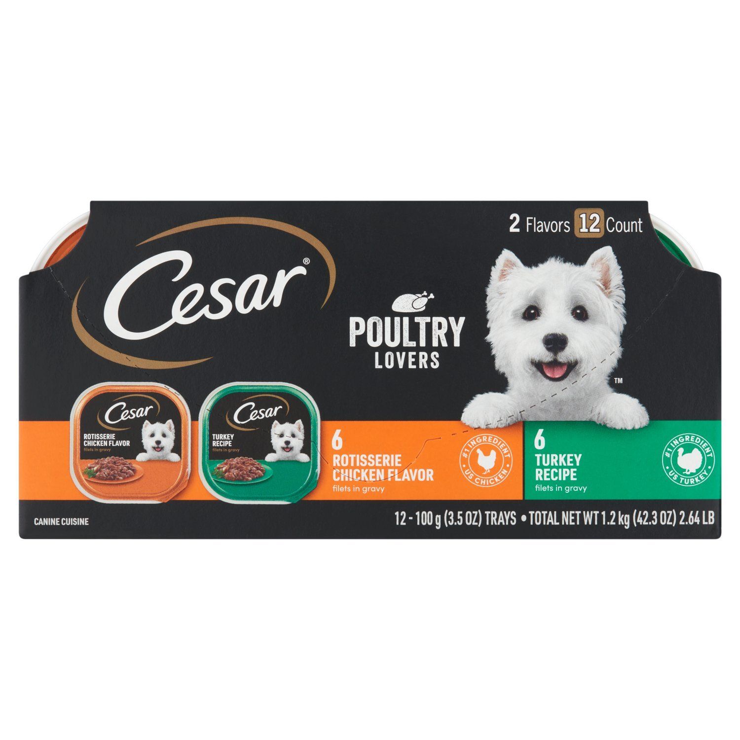 CESAR Filets in Gravy Poultry Lovers Canine Cuisine., Chicken and Turkey, 3.5 oz., 12 Count