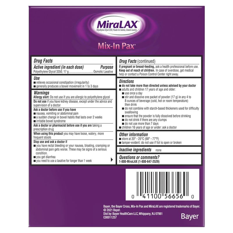 MiraLAX Mix-In Pax Unflavored Powder Laxative, 20 count, 0.5 oz