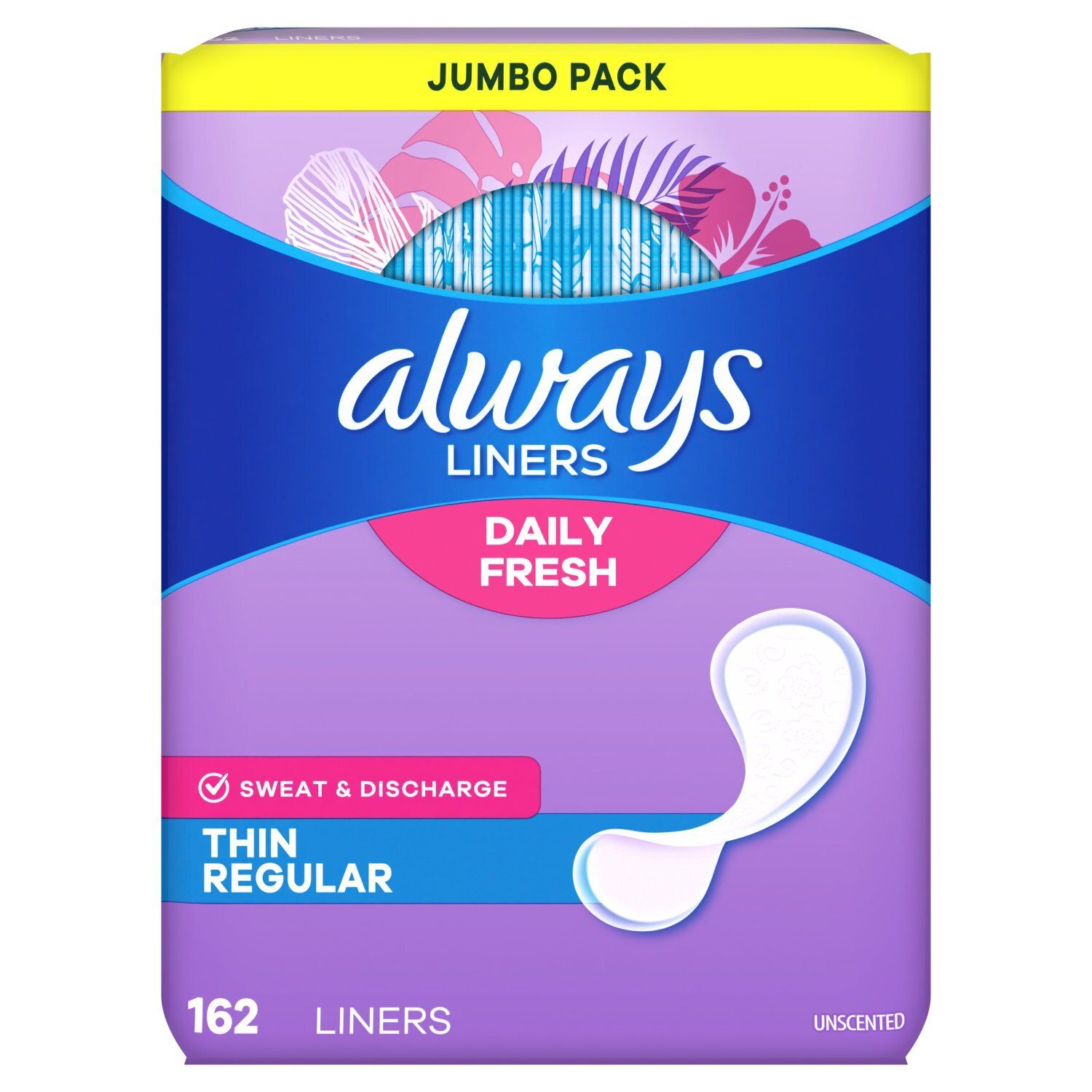 Always Daily Fresh Thin Liners, Regular Absorbency, Unscented Panty Liners, 162 Count