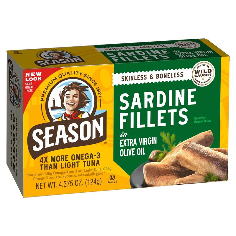 Season Skinless &amp; Boneless Sardine Fillets in Extra Virgin Olive Oil, 4.375 oz