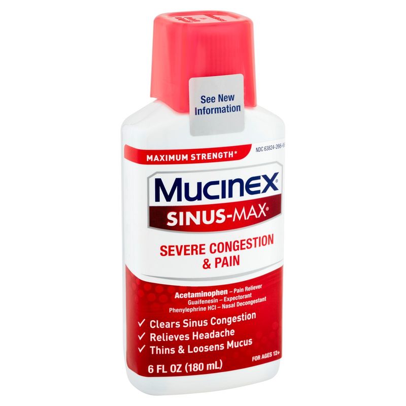 Mucinex Sinus-Max Severe Congestion &amp; Pain Reliever Liquid, For Ages 12+, 6 fl oz