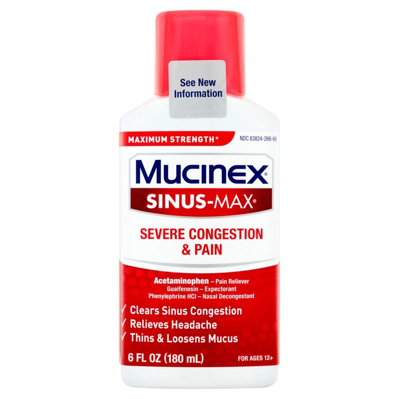 Mucinex Sinus-Max Severe Congestion &amp; Pain Reliever Liquid, For Ages 12+, 6 fl oz