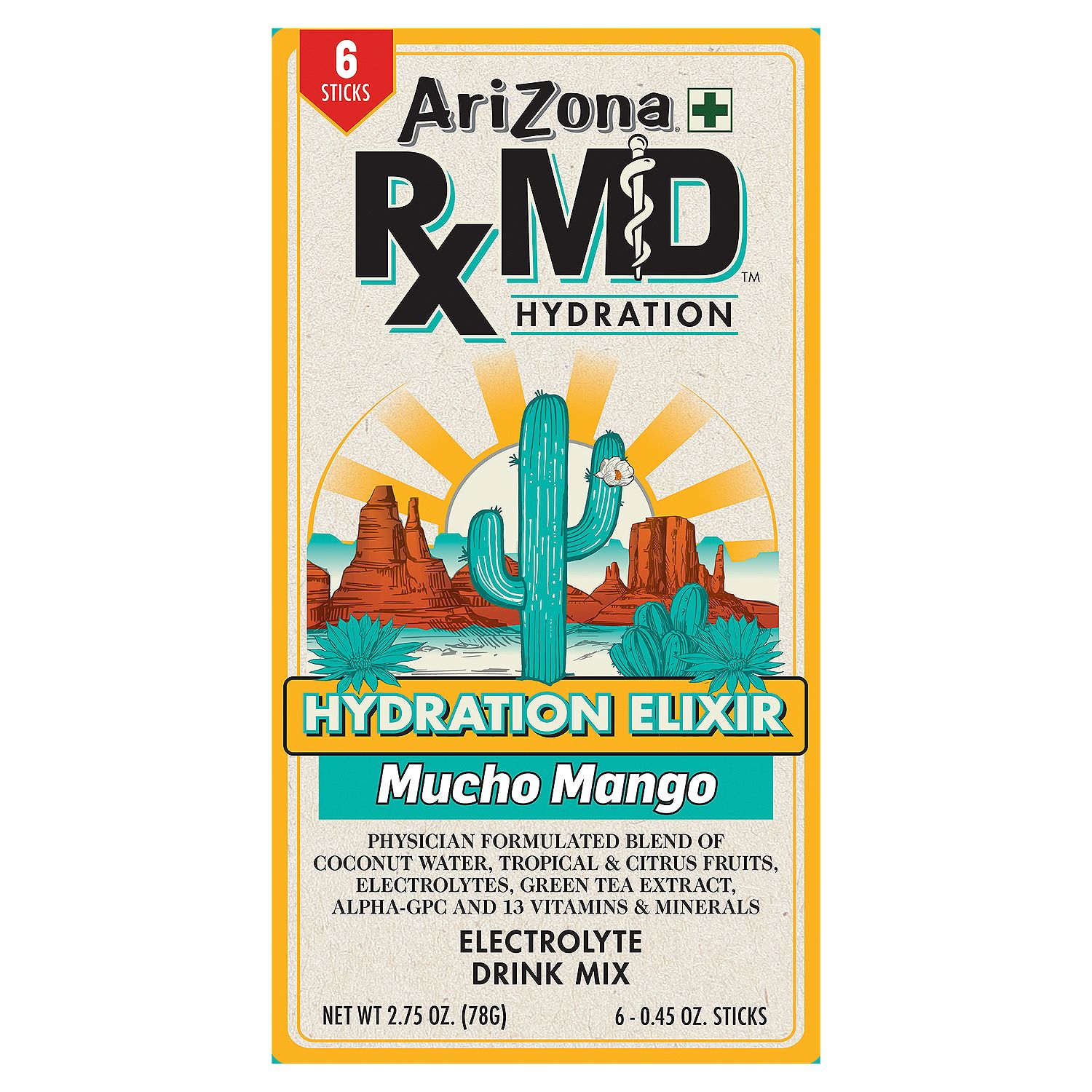 AriZona RXMD Hydration Elixir Mucho Mango Electrolyte Drink Mix, 0.45 oz, 6 count