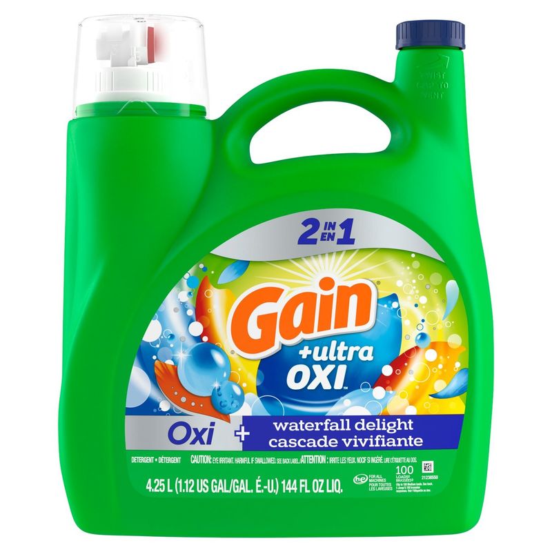 Gain Ultra Oxi Liquid Laundry Detergent, Waterfall Delight Scent, 144 fl oz, 100 loads, Freshness +