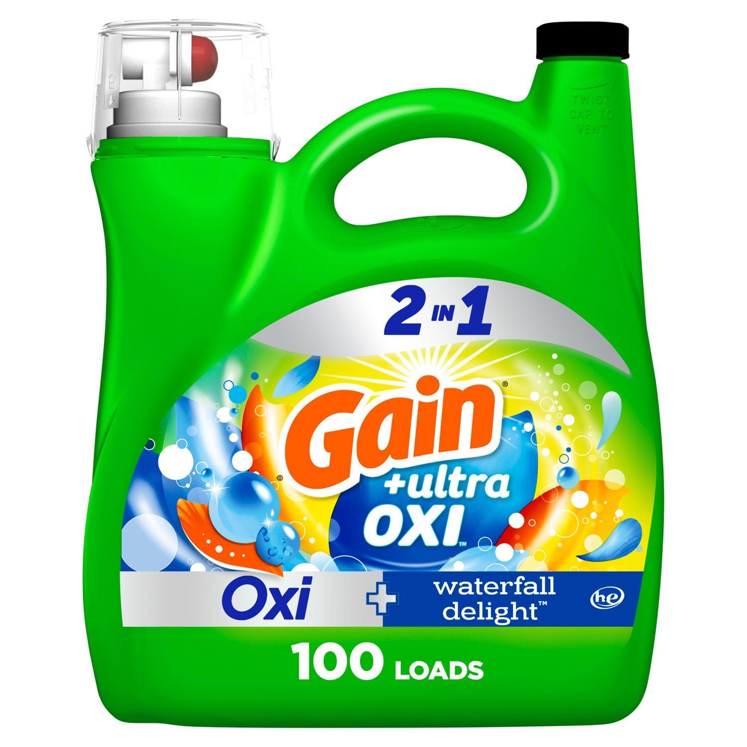 Gain Ultra Oxi Liquid Laundry Detergent, Waterfall Delight Scent, 144 fl oz, 100 loads, Freshness +
