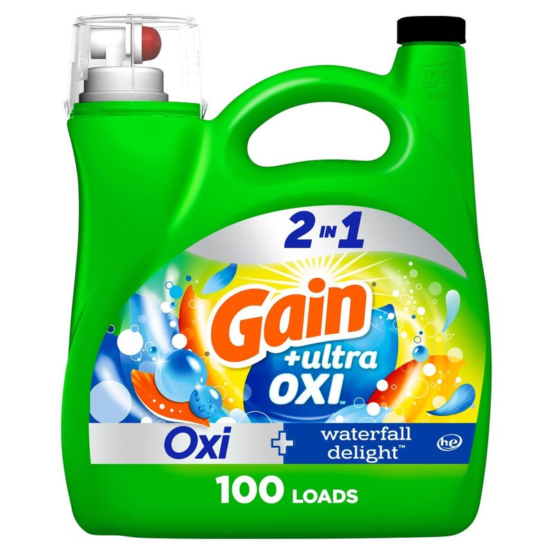 Gain Ultra Oxi Liquid Laundry Detergent, Waterfall Delight Scent, 144 fl oz, 100 loads, Freshness +