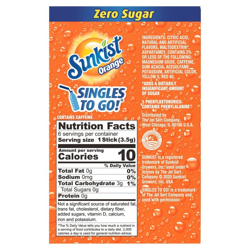 Sunkist Singles To Go Zero Sugar Orange Drink Mix, 6 count, 0.74 oz