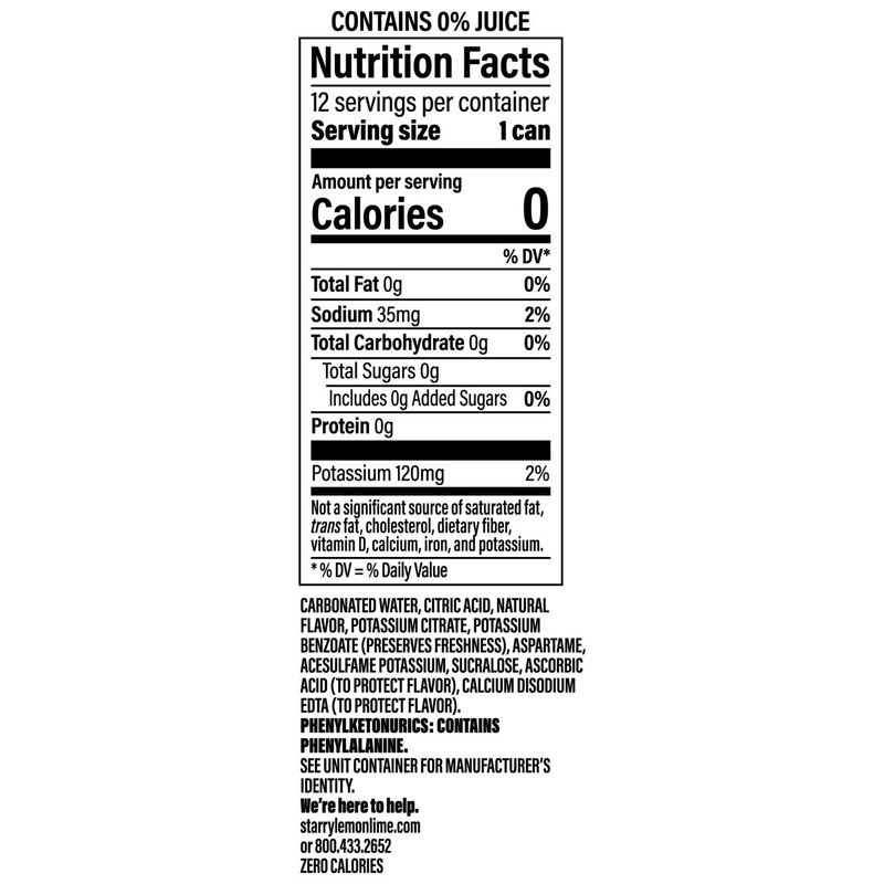 Starry Zero Sugar Soda Lemon Lime 12 Fl Oz, 12 Count