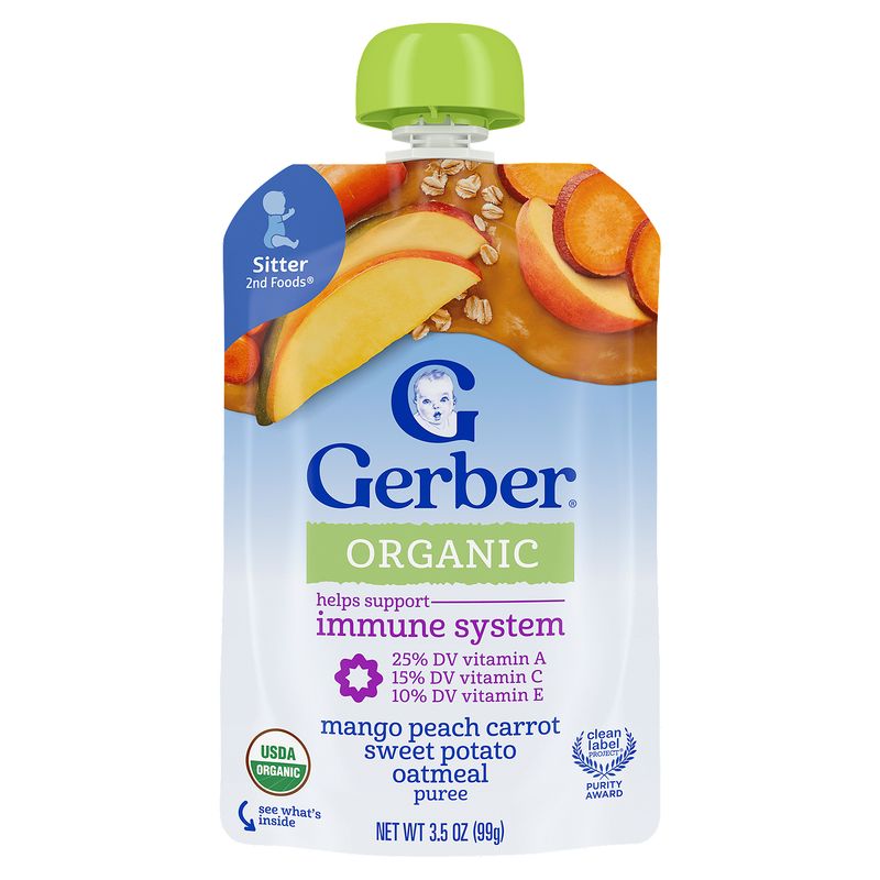 Gerber 2nd Foods Organic Mango Peach Carrot Sweet Potato Oatmeal Puree Baby Food, Sitter, 3.5 oz