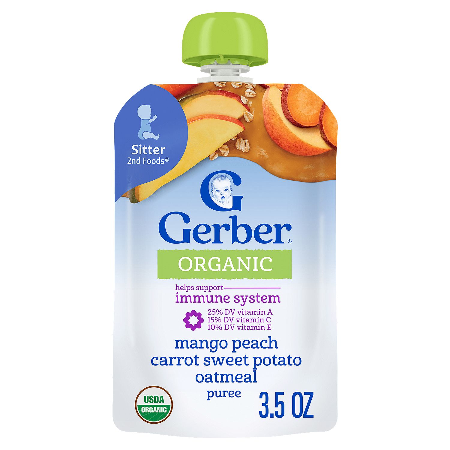 Gerber 2nd Foods Organic Mango Peach Carrot Sweet Potato Oatmeal Puree Baby Food, Sitter, 3.5 oz