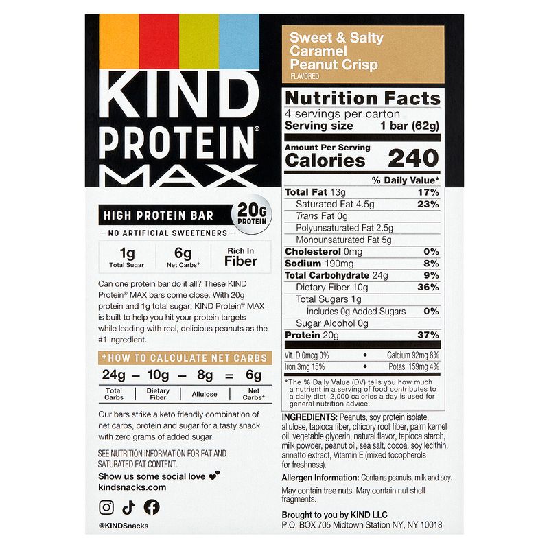 Kind Protein Max Sweet &amp; Salty Caramel Peanut Crisp Flavored High Protein Bar, 2.2 oz, 4 count
