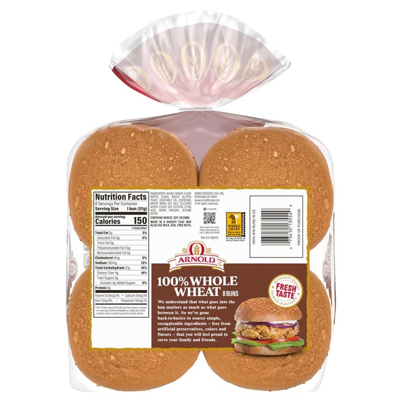 Arnold 100% Whole Whole Wheat Buns, 8 count, 1 lb