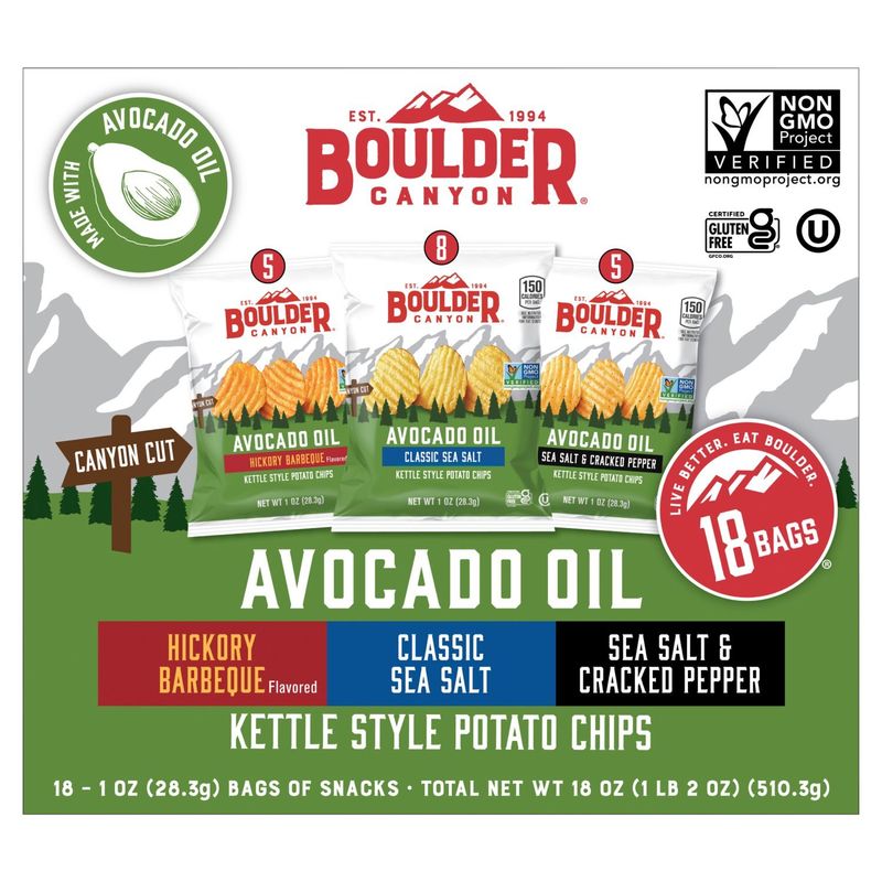 Boulder Canyon Avocado Oil Kettle Style Potato Chips Variety Pack, 1 oz, 18 count