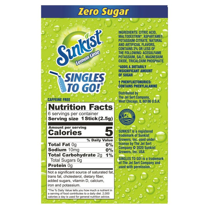 Sunkist Singles To Go Lemon Lime Drink Mix, 6 count, 0.53 oz