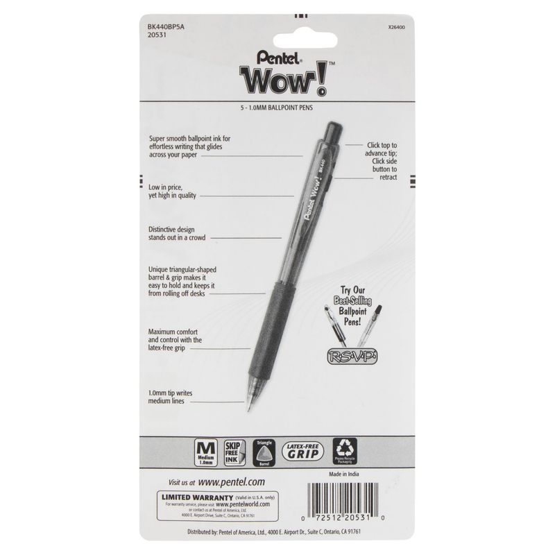 Pentel Wow! Medium 1.0mm Black Ink Ballpoint Pens, 5 count
