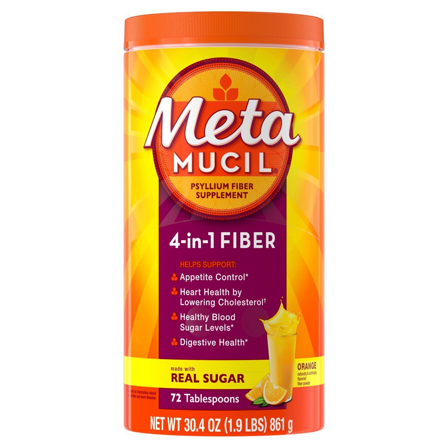 Metamucil 4-in-1 Psyllium Husk Fiber Supplement, Real Sugar, 72 tablespoons, Orange Flavored,  Dail
